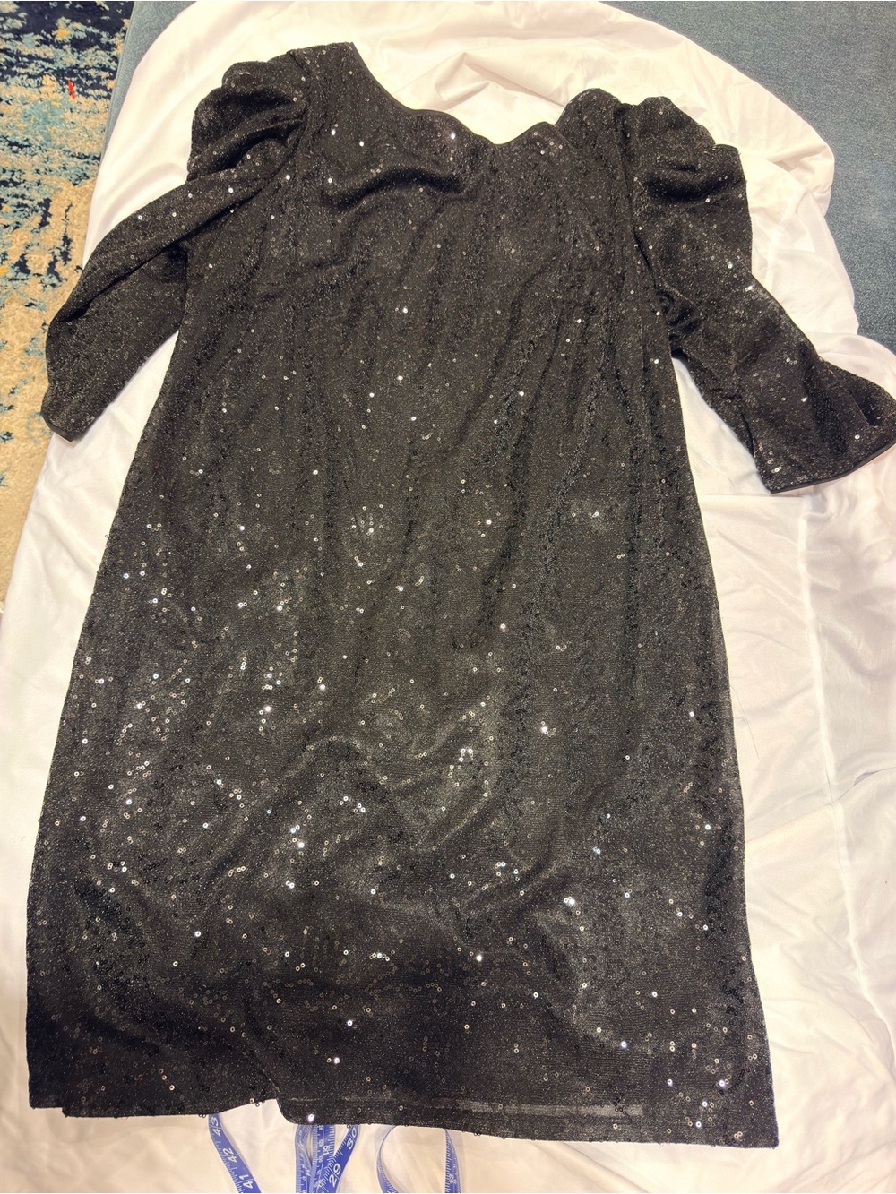 SLNY Black Sequin Puff-Sleeve Midi Dress 16W